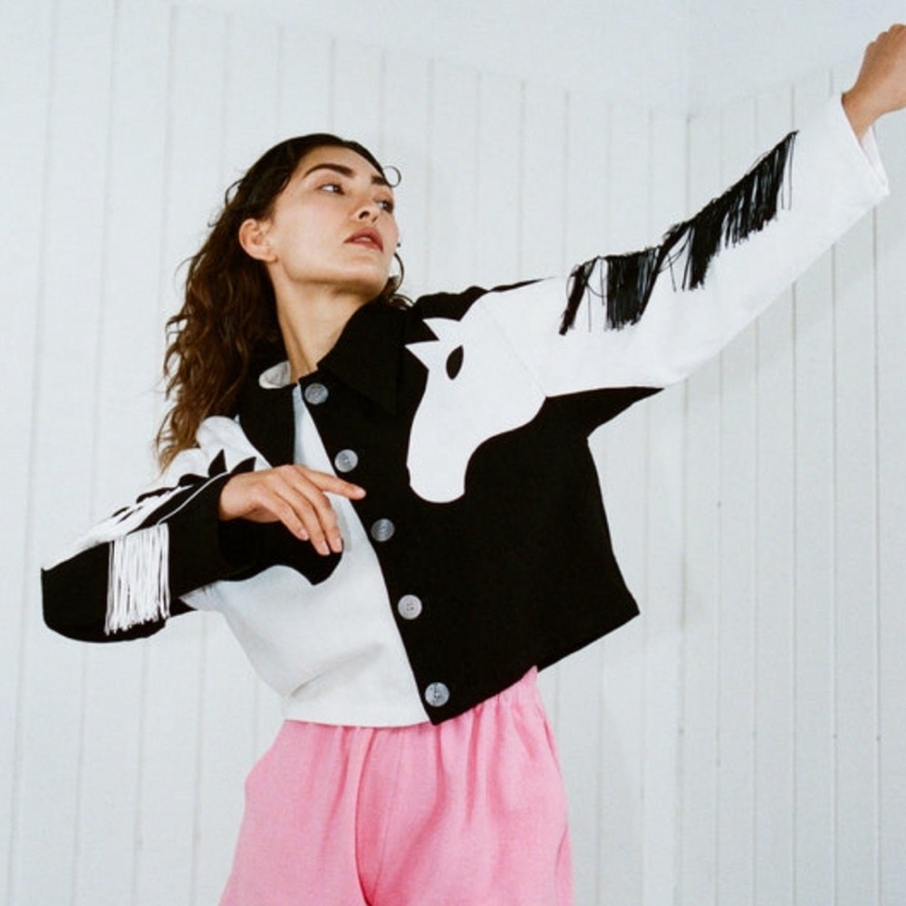 Fashion Brand Company Dueling Horses Linen Crop Jacket M/L
